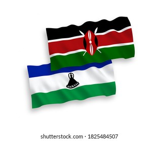National vector fabric wave flags of Lesotho and Kenya isolated on white background. 1 to 2 proportion.