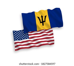 National vector fabric wave flags of Barbados and USA isolated on white background. 1 to 2 proportion.