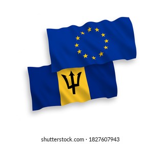 Nationale Vektorgrafik-Wellen-Flaggen der Europäischen Union und Barbados einzeln auf weißem Hintergrund. 1 bis 2 %.