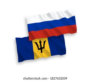 National vector fabric wave flags of Barbados and Russia isolated on white background. 1 to 2 proportion.