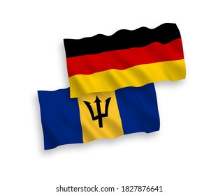 National vector fabric wave flags of Germany and Barbados isolated on white background. 1 to 2 proportion.