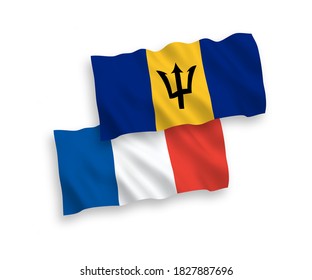 Banderas de olas de tela vectorial nacional de Francia y Barbados aisladas en fondo blanco. de 1 a 2.