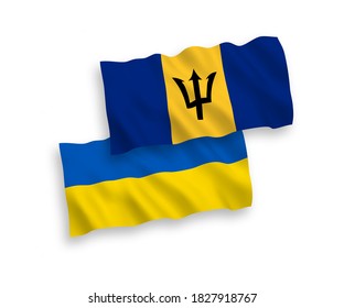 National vector fabric wave flags of Barbados and Ukraine isolated on white background. 1 to 2 proportion.