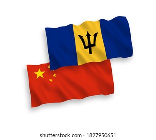 National vector fabric wave flags of Barbados and China isolated on white background 1 to 2 proportion.