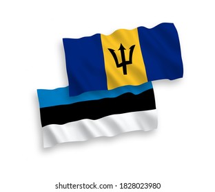 National vector fabric wave flags of Estonia and Barbados isolated on white background. 1 to 2 proportion.
