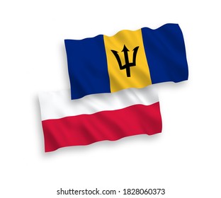 National vector fabric wave flags of Barbados and Poland isolated on white background. 1 to 2 proportion.