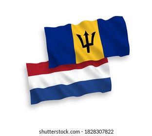 National vector fabric wave flags of Barbados and Netherlands isolated on white background. 1 to 2 proportion.