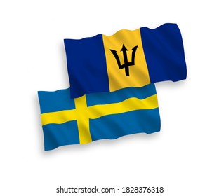 National vector fabric wave flags of Sweden and Barbados isolated on white background. 1 to 2 proportion.