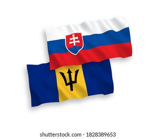 National vector fabric wave flags of Slovakia and Barbados isolated on white background. 1 to 2 proportion.