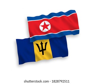 Banderas de olas de tela vectorial nacional de Corea del Norte y Barbados aisladas en fondo blanco. de 1 a 2.