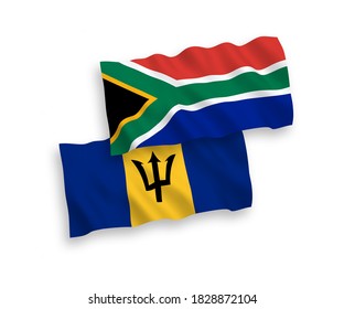 Banderas de olas de tela vectorial nacional de Barbados y la República de Sudáfrica aisladas en fondo blanco. de 1 a 2.