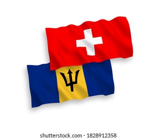 National vector fabric wave flags of Barbados and Switzerland isolated on white background. 1 to 2 proportion.