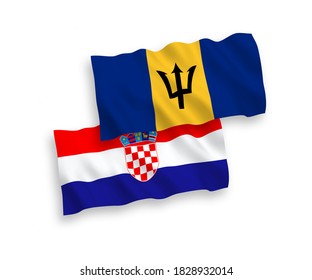National vector fabric wave flags of Barbados and Croatia isolated on white background. 1 to 2 proportion.