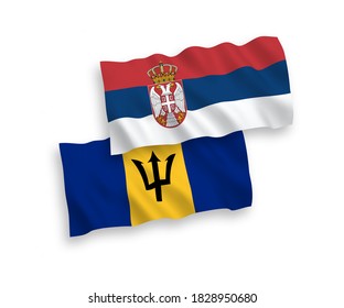 National vector fabric wave flags of Barbados and Serbia isolated on white background. 1 to 2 proportion.