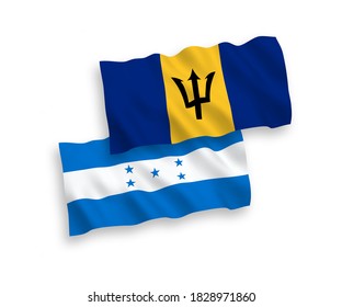 National vector fabric wave flags of Barbados and Honduras isolated on white background. 1 to 2 proportion.