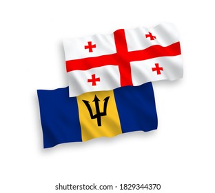 National vector fabric wave flags of Barbados and Georgia isolated on white background. 1 to 2 proportion.