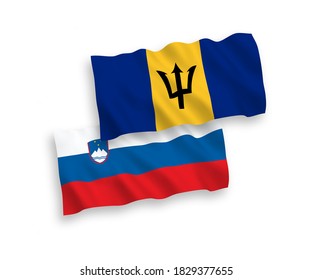 Banderas de olas de tela vectorial nacional de Eslovenia y Barbados aisladas en fondo blanco. de 1 a 2.