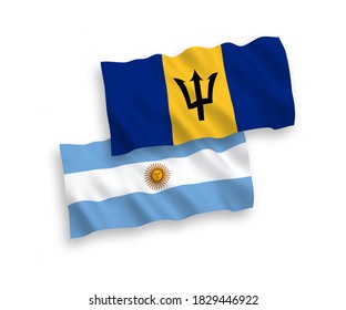 National vector fabric wave flags of Barbados and Argentina isolated on white background. 1 to 2 proportion.