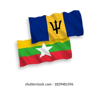 Banderas de olas de tela vectorial nacional de Barbados y Myanmar aisladas en fondo blanco. de 1 a 2.