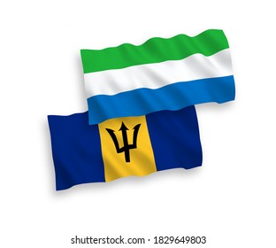 National vector fabric wave flags of Barbados and Sierra Leone isolated on white background. 1 to 2 proportion.