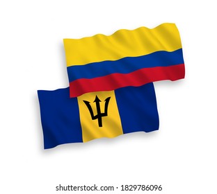 Nationale Vektor-Wellen-Flaggen von Barbados und Kolumbien einzeln auf weißem Hintergrund. 1 bis 2 %.