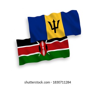National vector fabric wave flags of Barbados and Kenya isolated on white background. 1 to 2 proportion.