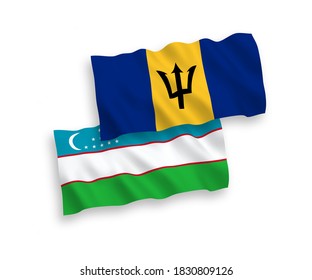 Nationale Vektor-Wellen-Flaggen von Barbados und Usbekistan einzeln auf weißem Hintergrund. 1 bis 2 %.