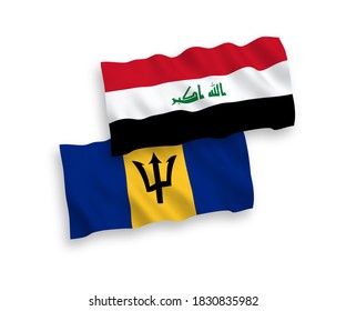 National vector fabric wave flags of Barbados and Iraq isolated on white background. 1 to 2 proportion.