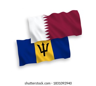 Nationale Vektor-Wellen-Flaggen von Barbados und Katar einzeln auf weißem Hintergrund. 1 bis 2 %.