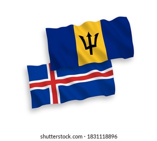 National vector fabric wave flags of Barbados and Iceland isolated on white background. 1 to 2 proportion.