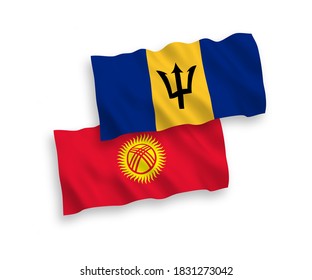 National vector fabric wave flags of Barbados and Kyrgyzstan isolated on white background. 1 to 2 proportion.