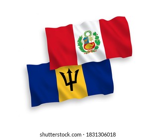 National vector fabric wave flags of Barbados and Peru isolated on white background. 1 to 2 proportion.