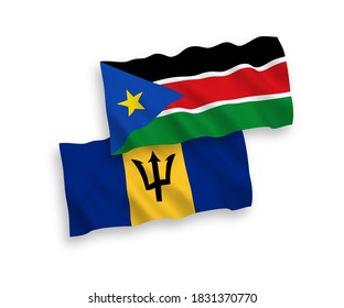National vector fabric wave flags of Barbados and Republic of South Sudan isolated on white background. 1 to 2 proportion.