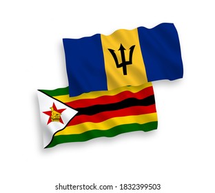 National vector fabric wave flags of Barbados and Zimbabwe isolated on white background. 1 to 2 proportion.
