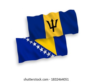 National vector fabric wave flags of Barbados and Bosnia and Herzegovina isolated on white background. 1 to 2 proportion.