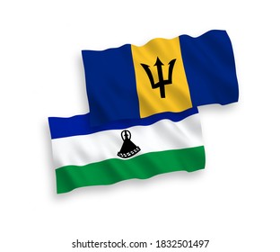 National vector fabric wave flags of Barbados and Lesotho isolated on white background. 1 to 2 proportion.