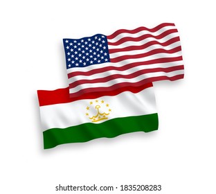 National vector fabric wave flags of Tajikistan and USA isolated on white background. 1 to 2 proportion.