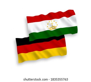 National vector fabric wave flags of Germany and Tajikistan isolated on white background. 1 to 2 proportion.