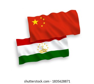 National vector fabric wave flags of Tajikistan and China isolated on white background 1 to 2 proportion.