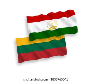 National vector fabric wave flags of Lithuania and Tajikistan isolated on white background. 1 to 2 proportion.