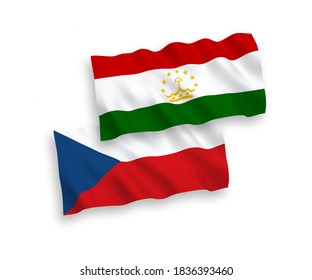 National vector fabric wave flags of Czech Republic and Tajikistan isolated on white background. 1 to 2 proportion.