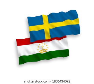 National vector fabric wave flags of Sweden and Tajikistan isolated on white background. 1 to 2 proportion.