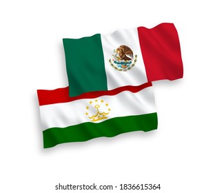 National vector fabric wave flags of Mexico and Tajikistan isolated on white background. 1 to 2 proportion.
