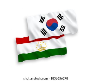National vector fabric wave flags of South Korea and Tajikistan isolated on white background. 1 to 2 proportion.