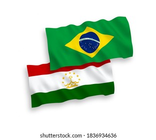 National vector fabric wave flags of Brazil and Tajikistan isolated on white background. 1 to 2 proportion.