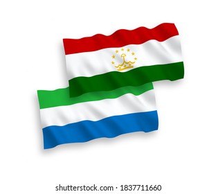Nationale Vektor-Wellen-Flaggen von Tadschikistan und Sierra Leone einzeln auf weißem Hintergrund. 1 bis 2 %.