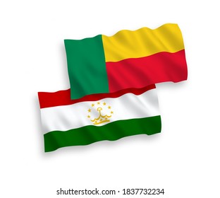 National vector fabric wave flags of Tajikistan and Benin isolated on white background. 1 to 2 proportion.