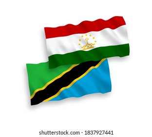 National vector fabric wave flags of Tajikistan and Tanzania isolated on white background. 1 to 2 proportion.