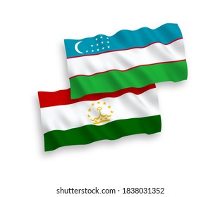 National vector fabric wave flags of Tajikistan and Uzbekistan isolated on white background. 1 to 2 proportion.