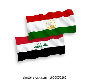 National vector fabric wave flags of Tajikistan and Iraq isolated on white background. 1 to 2 proportion.